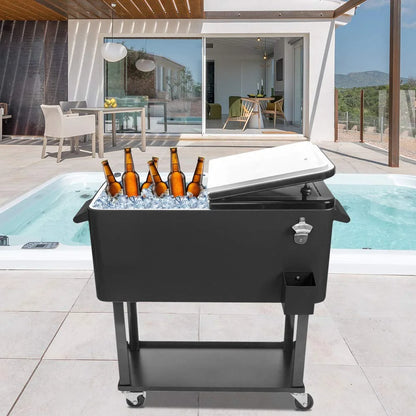 BNSPLY 80 Quart Outdoor Cooler Cart Rolling Ice Chest Cooler Cart, Portable Patio Cooler with Bottle Opener, Handles and Drainage, Standing Cooler for Patio Party, Camping and BBQ, Mint Green