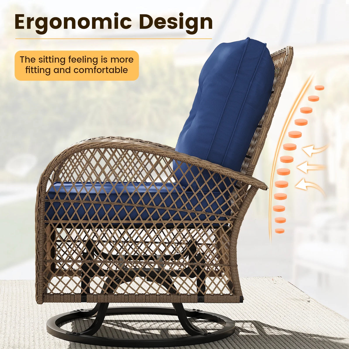 ELPOSUN 3 Pieces Patio Furniture Set, Outdoor Swivel Gliders Rocker, Wicker Patio Bistro Set with Rattan Rocking Chair, Glass Top Side Table and Thickened Cushions for Porch Deck Backyard