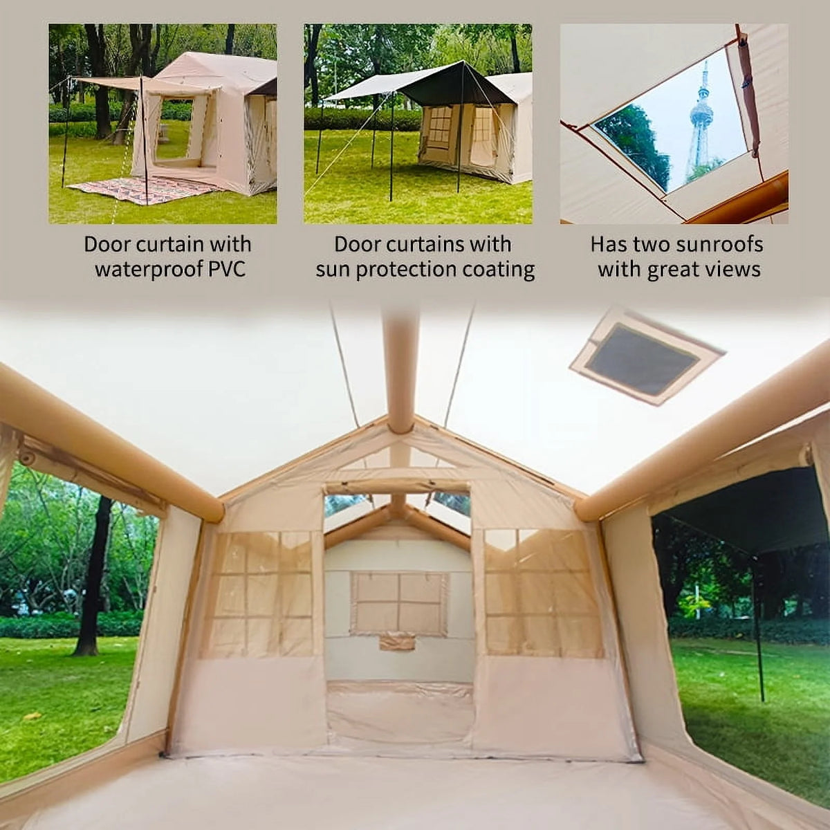 9.8' x 7' Inflatable Camping Tent,4 Season Blow up Tents for Camping, 4-6 Person Inflatable Tent with Stove Jack,Air Tents,Glamping Tent,Waterproof Luxury House with Mesh Window