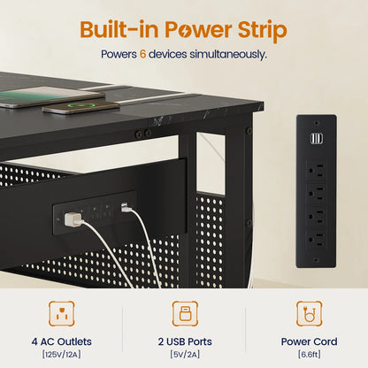 71" Executive Desk with Power Outlets, Modern L Shaped Office Desk with File Drawers and Pegboard, Large Computer Desk, Rustic Brown