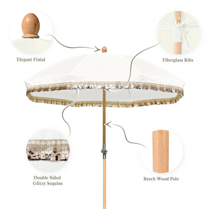 LAGarden 6 Ft Fringe Patio Umbrella with Tassel Jazz Age Wood UPF50+ for Outdoor, Beige with gold tassel,Model: JZ6-01