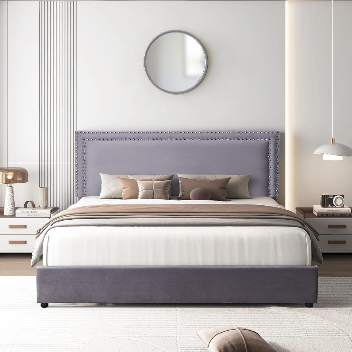 VECELO Full Bed Frame with 4 Storage Drawers (Wheeled) and Tufted Upholstered Adjustable Headboard Platform Bed, Beige
