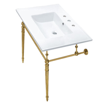Kingston Brass KVPB31227W8PN Edwardian 31" Ceramic Console Sink with Brass Legs (8-Inch, 3-Hole), White/Polished Nickel