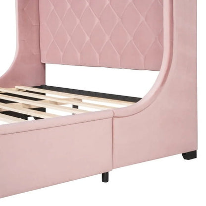 Queen Bed Frame with Storage Drawer, Velvet Upholstered Storage Bed, Wood Platform Bed Frame with Wingback Headboard and a Big Drawer(Beige)