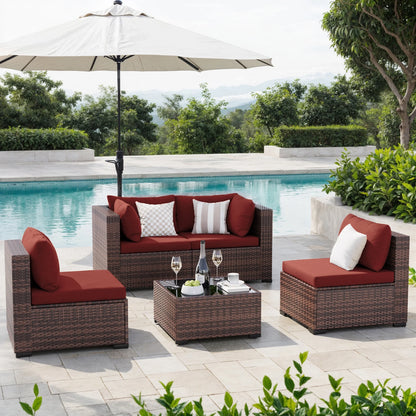 MRUAKA 8 Pieces Patio Furniture Set with Fire Pit Table, Outdoor Furniture Sectional Rattan Sofa with Slanted Back, Patio Couch with Glass Coffee Table for Backyard Garden (Dark Grey)
