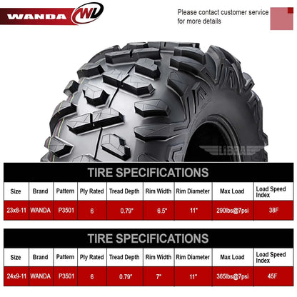 WANDA UTV ATV Tires 23x8-11 Front & 24x9-11 Rear /4PR Ultra Deep Self-cleaning Tread, Set 4