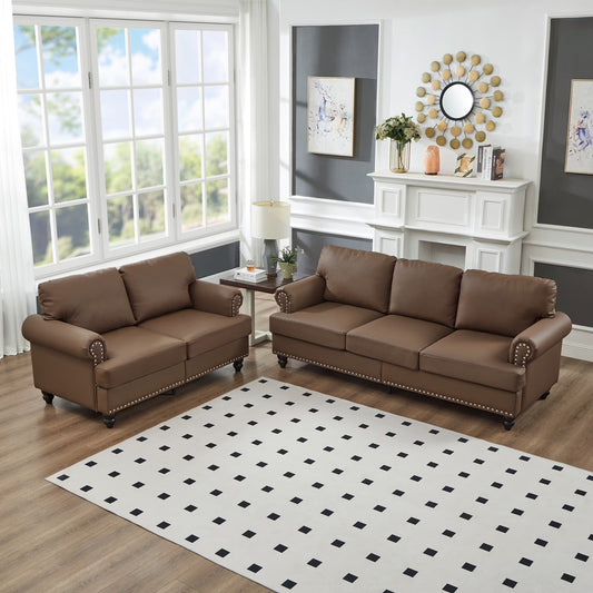 2 Piece Living Room Sofa Set, Modern Leather 3 Seater and Loveseat Sofa with Storage Seats and Rolled Nails Arms for Living Room, Brown