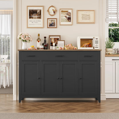 Hiphuta 55"Wide Buffet Cabinet with 2 Adjustable Shelves, Modern Farmhouse Coffee Bar with 3 Drawers and Sturdy Base for Living Room, White