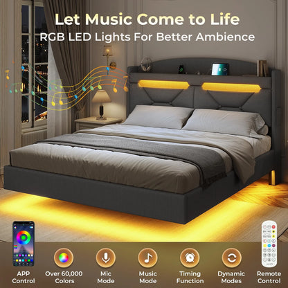 King Size Bed Frame with Storage Headboard and LED Lights,Upholstered Platform Bed with USB Port Charging,Headboard with Shelves Hidden Storage,Noise-Free,Dark Grey