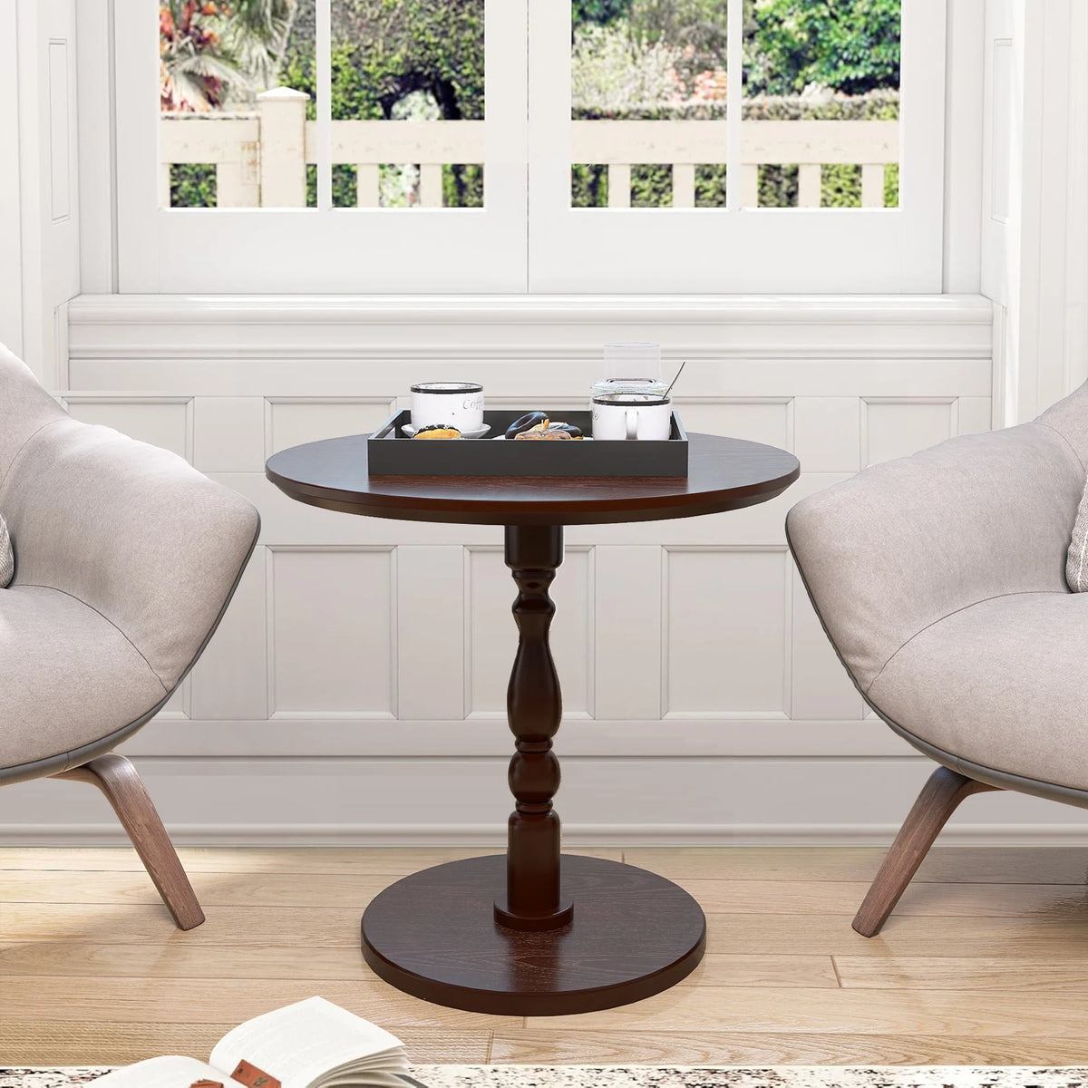 Homy Casa Round Wooden Dining Table for Cozy Living Room Coffee Corner, Walnut