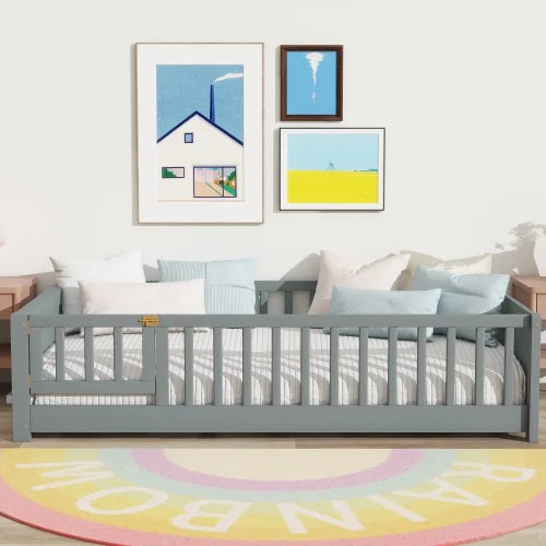 Bellemave Twin Size Floor Bed with Fence, Montessori Floor Twin Bed with Built-in Book Rack, Solid Wood Twin Bed with Slats and Safety Guardrails, Natural