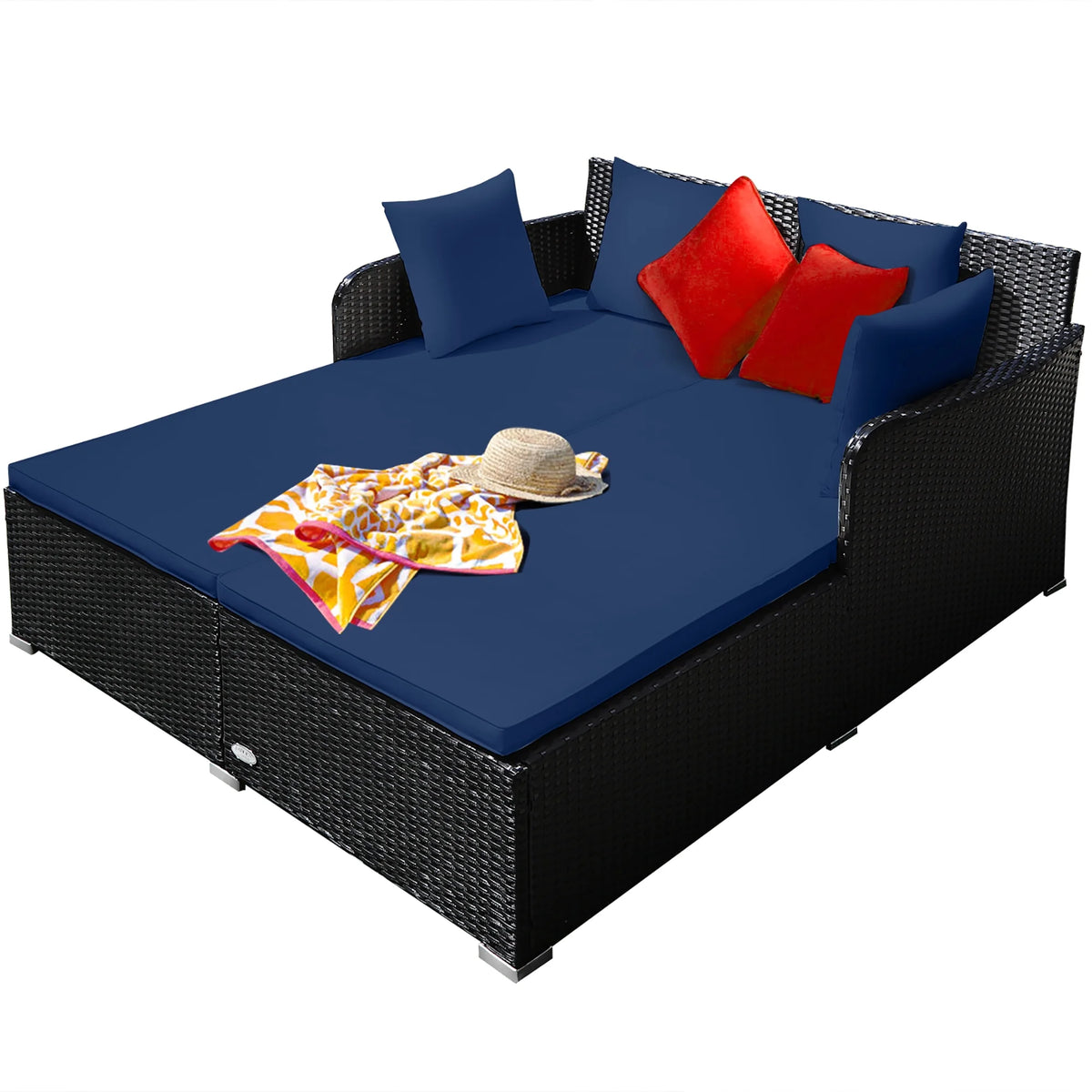 Costway Outdoor Patio Rattan Daybed Pillows Cushioned Sofa Furniture Beige