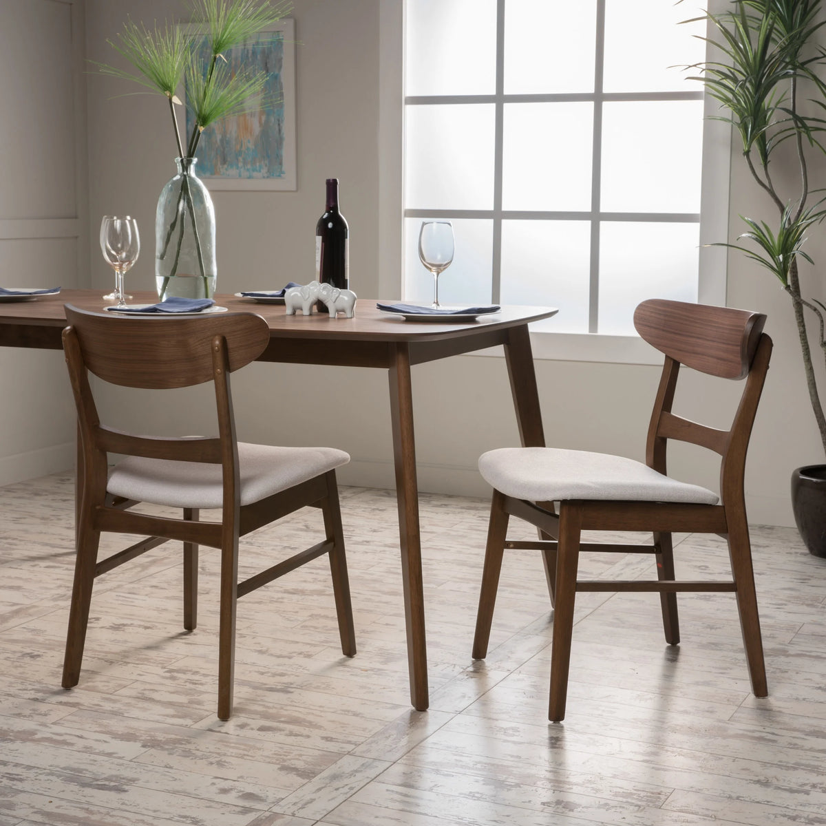 GDFSTUDIO Mid Century Modern Fabric Upholstered Rubberwood Dining Chairs, Set of 2, Dark Gray and Walnut