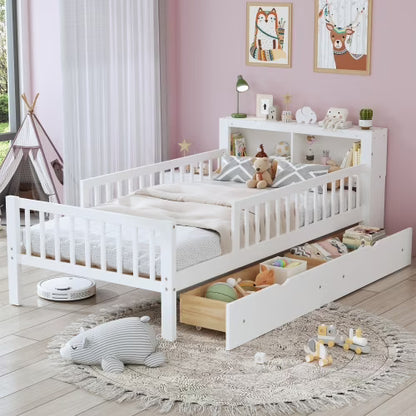 Euroco Wood Twin Size Platform Bed with Storage Headboard and Drawers, Low Profile Bed with Guardrails for Kids and Toddlers, White