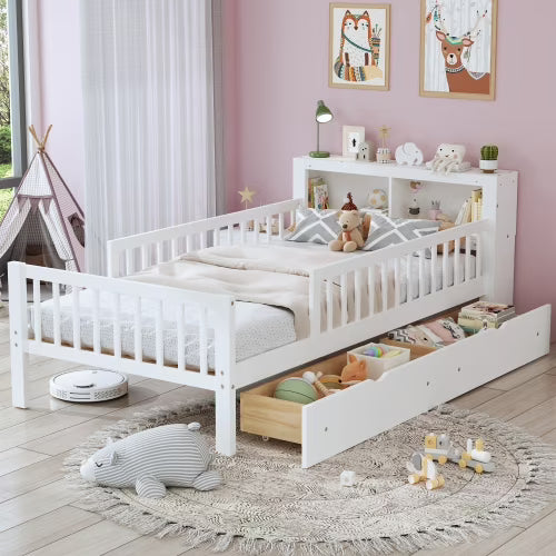 Euroco Wood Twin Size Platform Bed with Storage Headboard and Drawers, Low Profile Bed with Guardrails for Kids and Toddlers, White