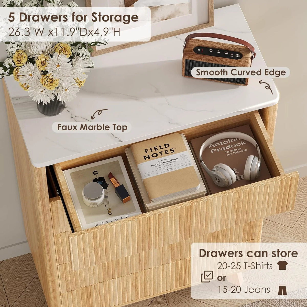 Selooye Fluted 5 Drawers Dresser, 47" Tall Modern Chest of Drawers with Faux Marble Top, Curved Profile Design, Wood Drawer Organizer for Bedroom, Living Room, Hallway, Entryway, Natural Oak