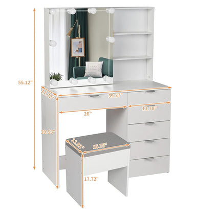 Resenkos Vanity Set with Mirror and 10LED Lights Makeup Vanity Desk Chair with 6 Drawers White
