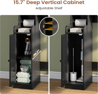 Over The Toilet Storage Cabinet with 3 Doors, Farmhouse Space Saver for Bathroom Organizer with Paper Holder, 10 Shelves and Hooks, 7-Tier Over Washing Machine Cabinet for Laundry, Bathroom, Natural