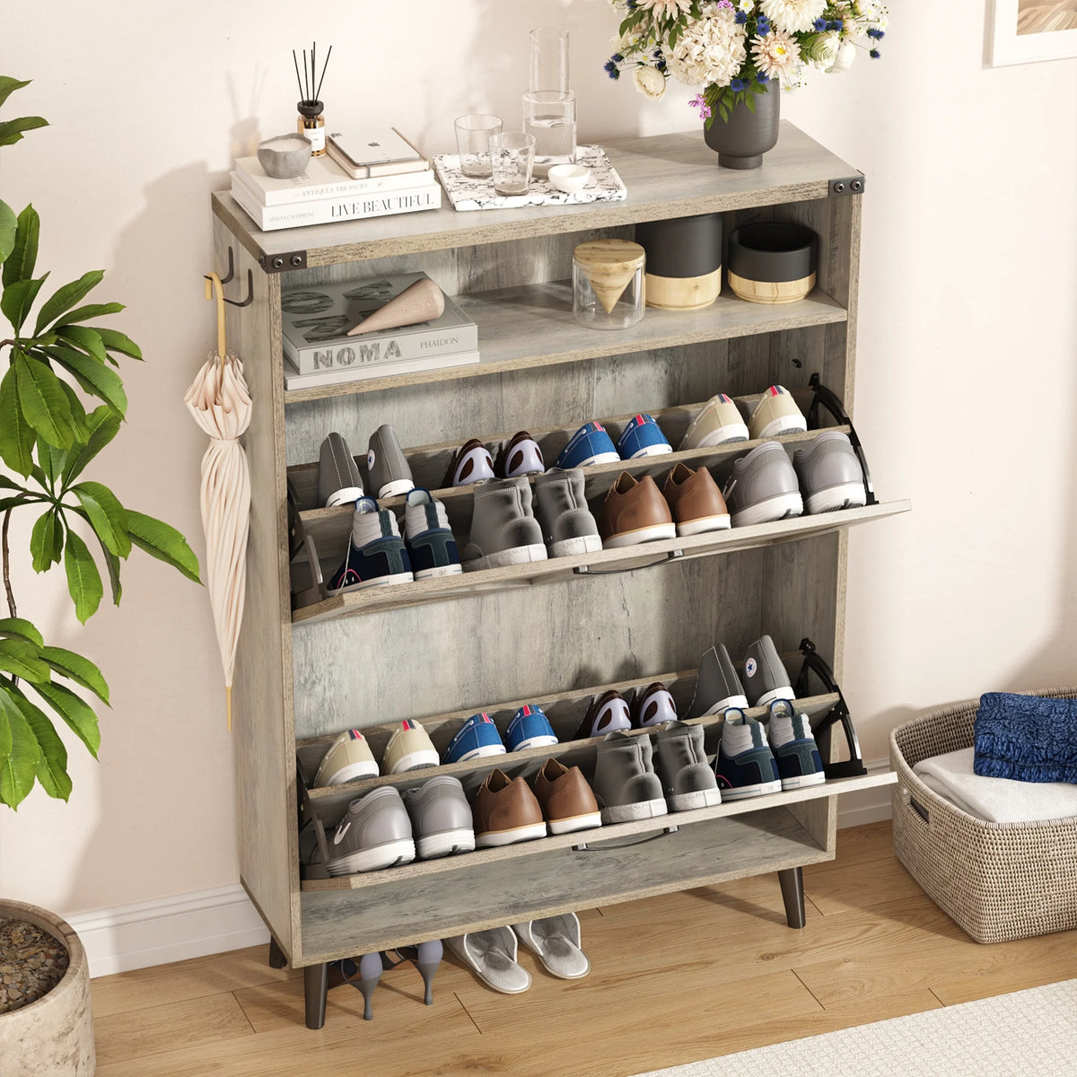 Veanerwood Shoe Cabinet with 2 Flip Drawers Farmhouse Shoe Storage Cabinet Organizer for Entryway, Gray