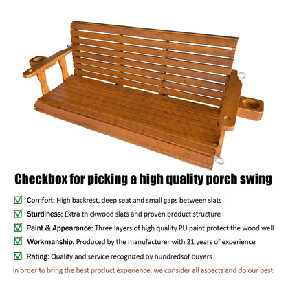 Fortune Candy 3 Person Outdoor Wood Hanging Swing, Heavy Duty 880 lbs Wood Porch Swing, Brown-5ft