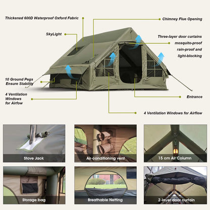 9.8' x 7' Inflatable Camping Tent,4 Season Blow up Tents for Camping, 4-6 Person Inflatable Tent with Stove Jack,Air Tents,Glamping Tent,Waterproof Luxury House with Mesh Window