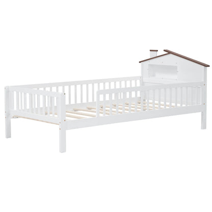 Euroco Wood Twin Size Platform Bed, House Bed with LED Light and Storage, White