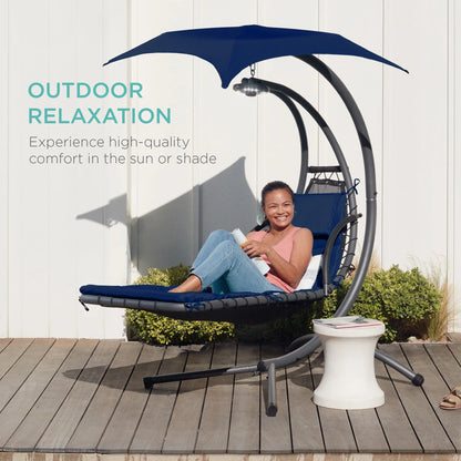 Best Choice Products Hanging Curved Chaise Lounge Chair Swing for Backyard, Patio w/ Pillow, Shade, Stand - Teal