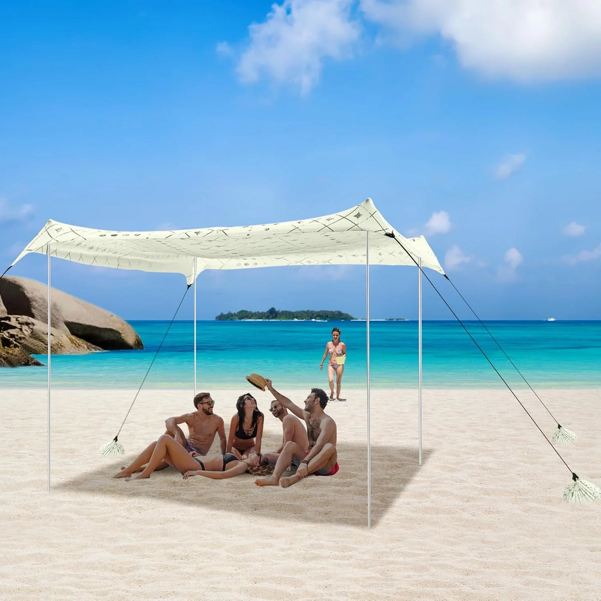 Beach Tent, UPF 50+ Beach Canopy Sun Shade, Portable 10×10 FT Large Pop-Up Beach Tent Sun Shelter with Sand Anchors, Ground Pegs, Easy Setup for Beach, Camping, Park, and Backyard Fun
