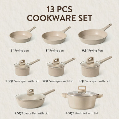 Carote 13 Pcs Nonstick Cookware Sets, Non Stick Pots and Pans Set, Induction Cookware, Taupe