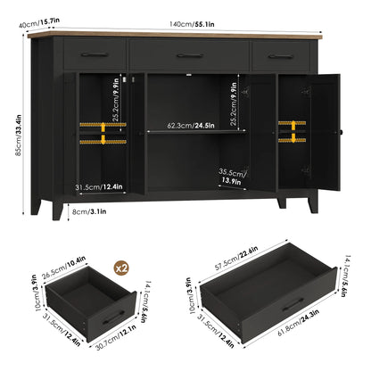 Hiphuta 55"Wide Buffet Cabinet with 2 Adjustable Shelves, Modern Farmhouse Coffee Bar with 3 Drawers and Sturdy Base for Living Room, White
