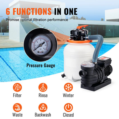 KFFKFF 12" Sand Filter Pump, 3000 GPH with 1/2 HP Pool Pump for Above Ground Pools & SPA System, 110V Swimming Pool Pump with Filter Basket, 6-Way Multi-Port Valve & Timing function