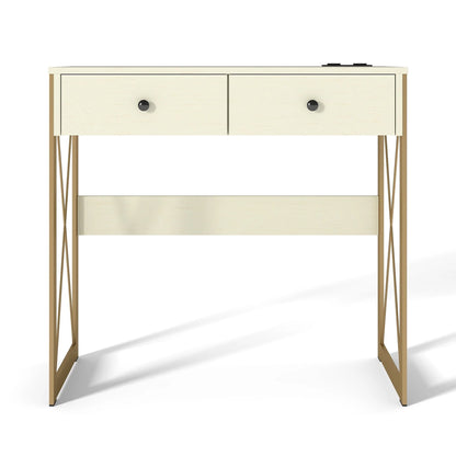 Manxile Fluted Computer Desk with USB Ports & Power Outlet, Modern White Study Table with Drawers