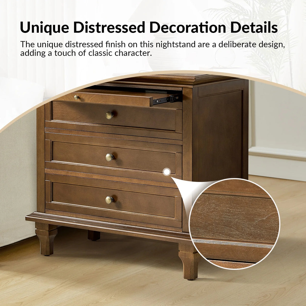 Farmhouse 3 Drawers Nightstand with Tray Bedside Table with Charging Station Acorn