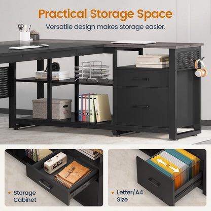 71" Executive Desk with Power Outlets, Modern L Shaped Office Desk with File Drawers and Pegboard, Large Computer Desk, Rustic Brown