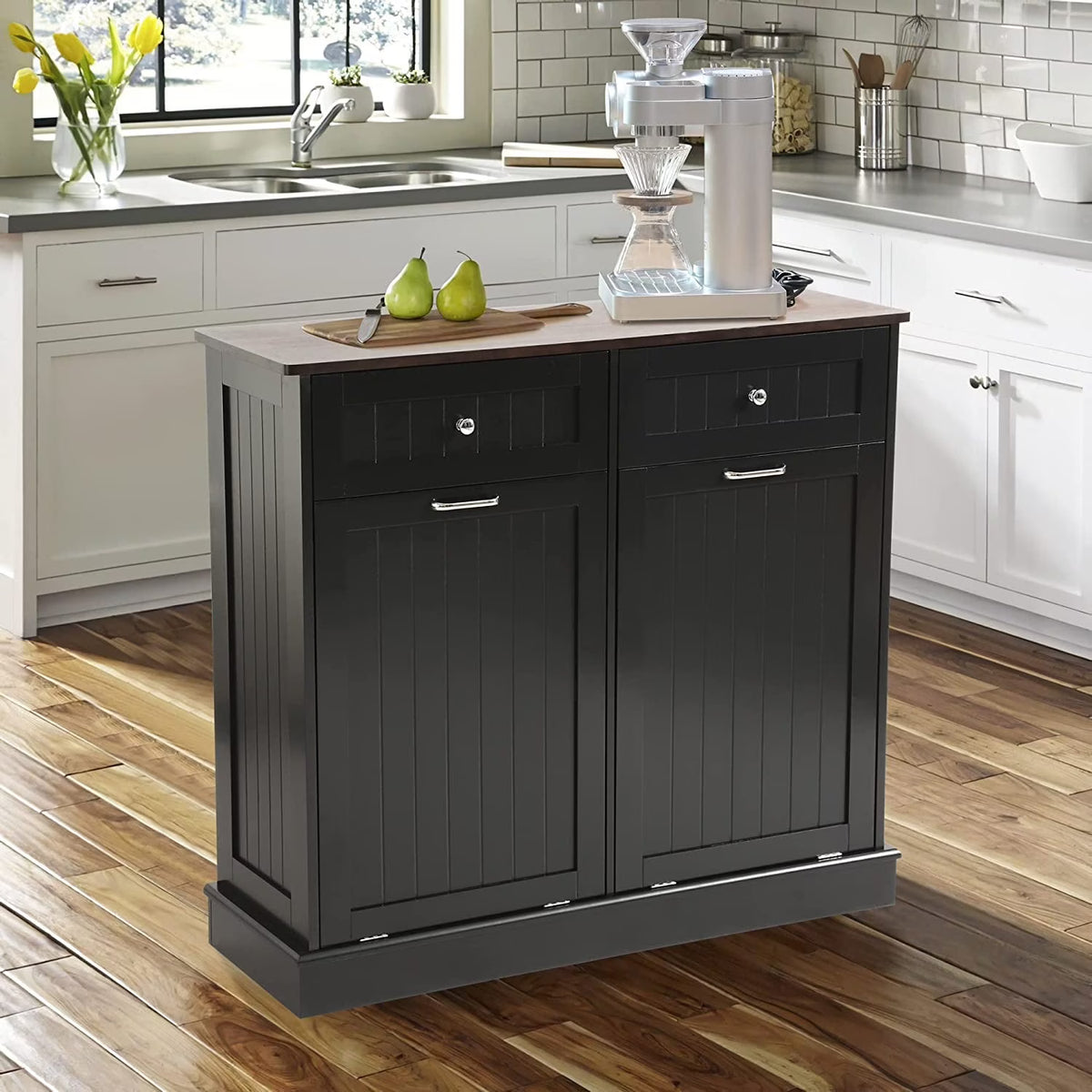 KIGOTY Dual Kitchen Trash Cabinet, Double Tilt Out Trash Can Cabinet with Countertop and Drawer, Free-Standing Pet Proof Recycling Cabinet Garbage Can Holder, Wood (White)