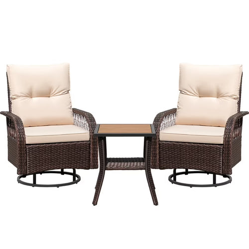 Lacoo 3 Piece Outdoor Bistro Set Patio 360�� Swivel Rocking Chairs & Table All-Weather Rattan High Back Conversation Set for Backyard Porches Garden