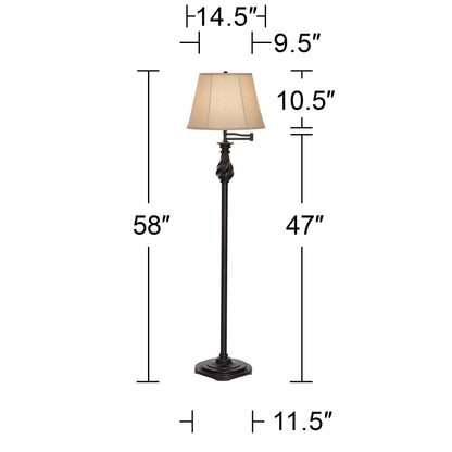 Regency Hill Traditional Swing Arm Floor Lamp 58" Tall Painted Black Bronze Swirl Font Faux Silk Beige Shade for Living Room Reading Office