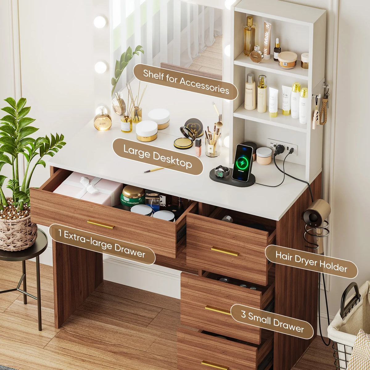 Cottinch Vanity Desk 3 Color Lighted Mirror,Makeup Dressing Table with 4 Drawers and Storage Shelves,2 Outlets,2 USB Ports,White