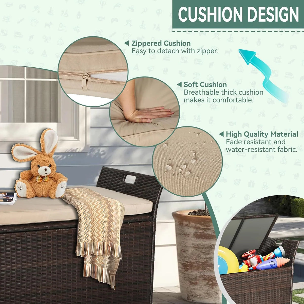 SOLAURA 90 Gallon Patio Wicker Storage Bench w/Cushion, Outdoor Rattan Deck Storage Box w/Handles & Hydraulics, Gray