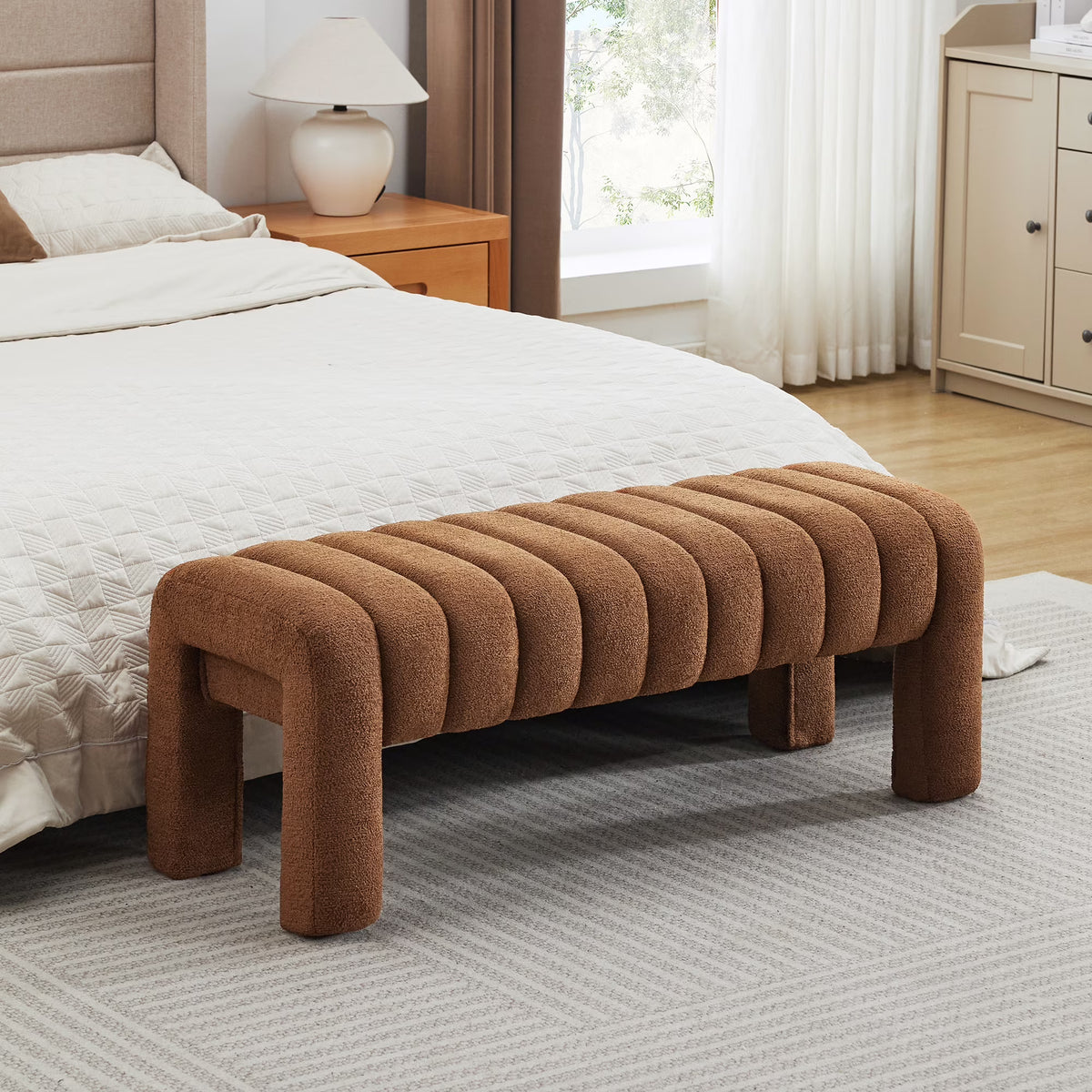 Zesthouse 63�� End of Bed Bench, Linen Tufted Upholstered Ottoman Bench with Padded Seat and Solid Wood Leg, Modern Entryway Bench for Bedroom, Living Room, Beige