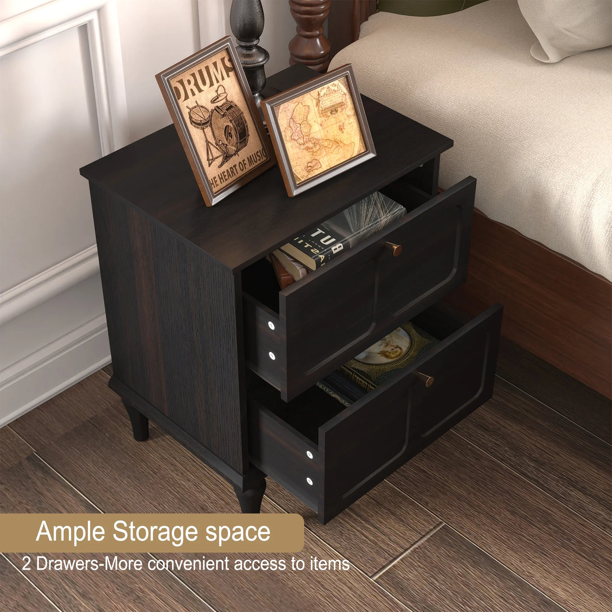 HLR 20" Mid Century Nightstands Set of 2 with Drawers, Wood Bedside Table End Table for Bedroom, Brown