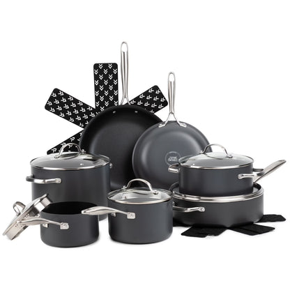 Thyme & Table 15-Piece Non-Stick Hard Anodized Cookware Set, Pots and Pans Set - Black