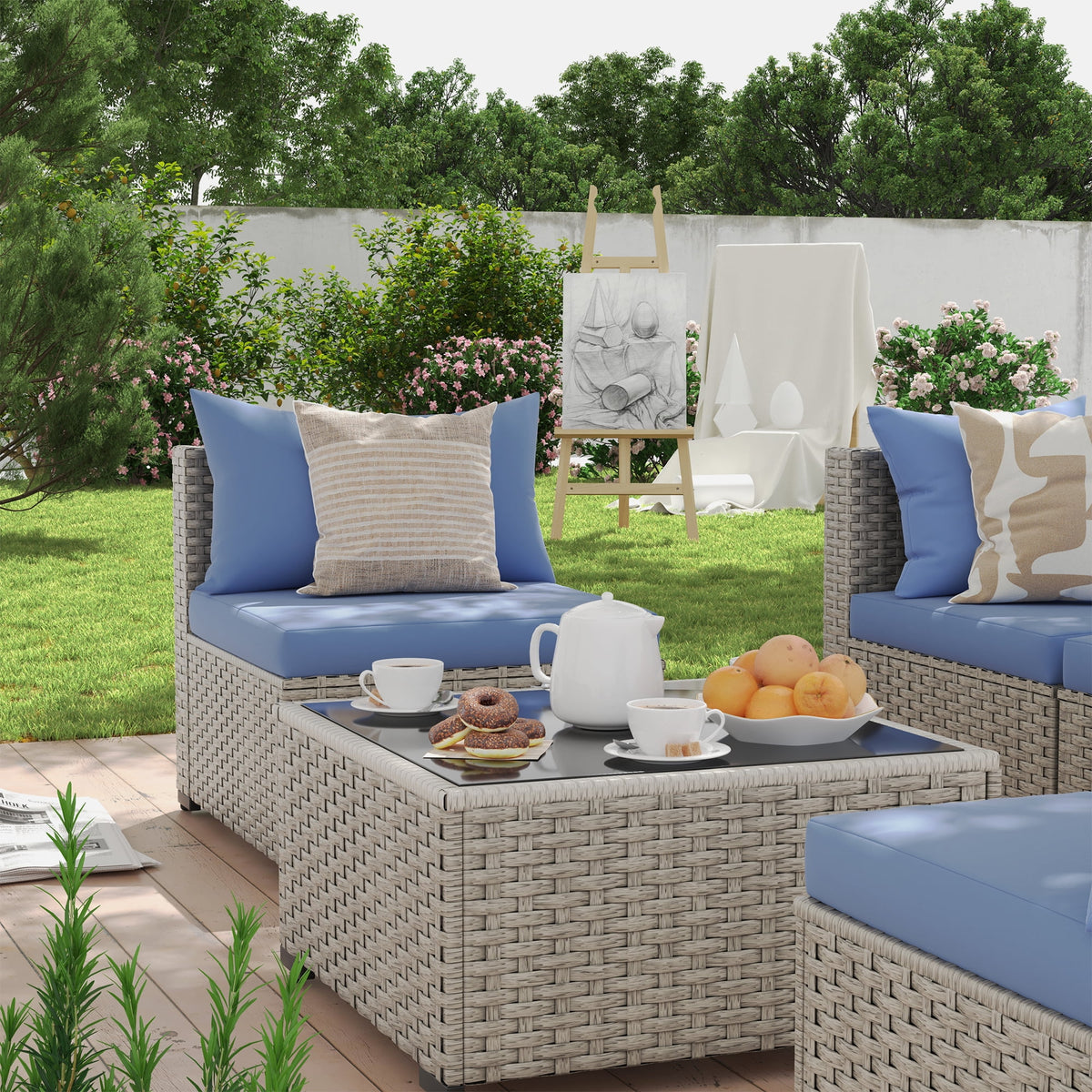 7 Pieces Patio Conversation Set, Outdoor Sectional PE Rattan Wicker Furniture Seat,Dark Gray