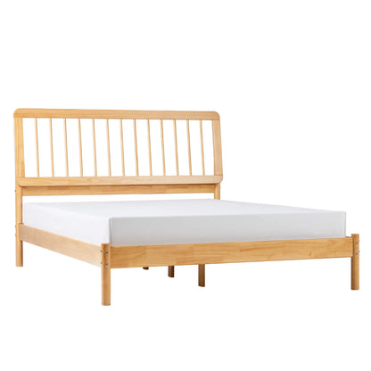 Walker Edison Mid-Century Modern Slatted Solid Wood Queen Bedframe, Natural Pine