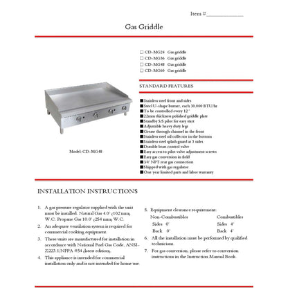NSF 36 in. Commercial Griddle 90,000BTU Gas Griddle, 3 Burner Heavy-Duty Stainless Steel Countertop Griddle