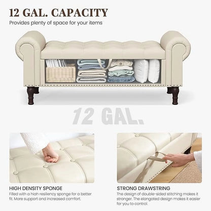 Gelloan Storage Ottoman Bench for Bedroom,Upholstered Bedroom Bench with Rolled Arms and Rivets, Storage Chest for Living Room,Grey,51 Inches