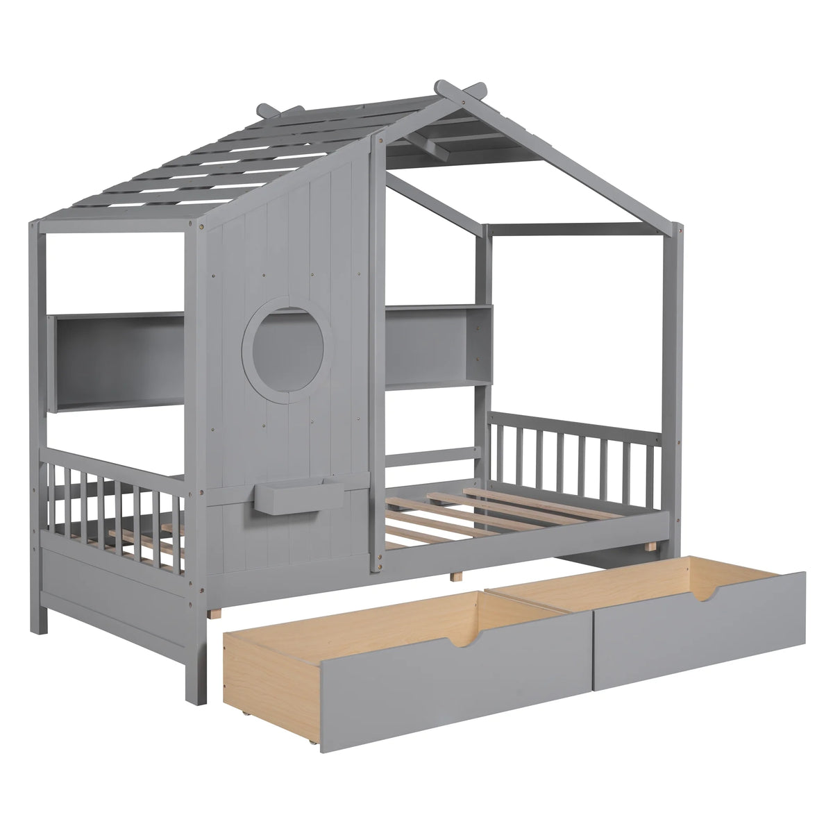 Bellemave House Bed with 2 Drawers and Storage Shelves, Wood Full Size Montessori Bed Frame with Roof and Window, Playhouse Bed for Bedroom (White)