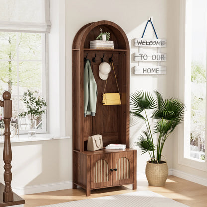 LUCKYELF Hall Tree with Shoe Storage, Entryway Bench with 4 Hooks and 2 Doors, Arch Coat Rack Cabinet for Hallway