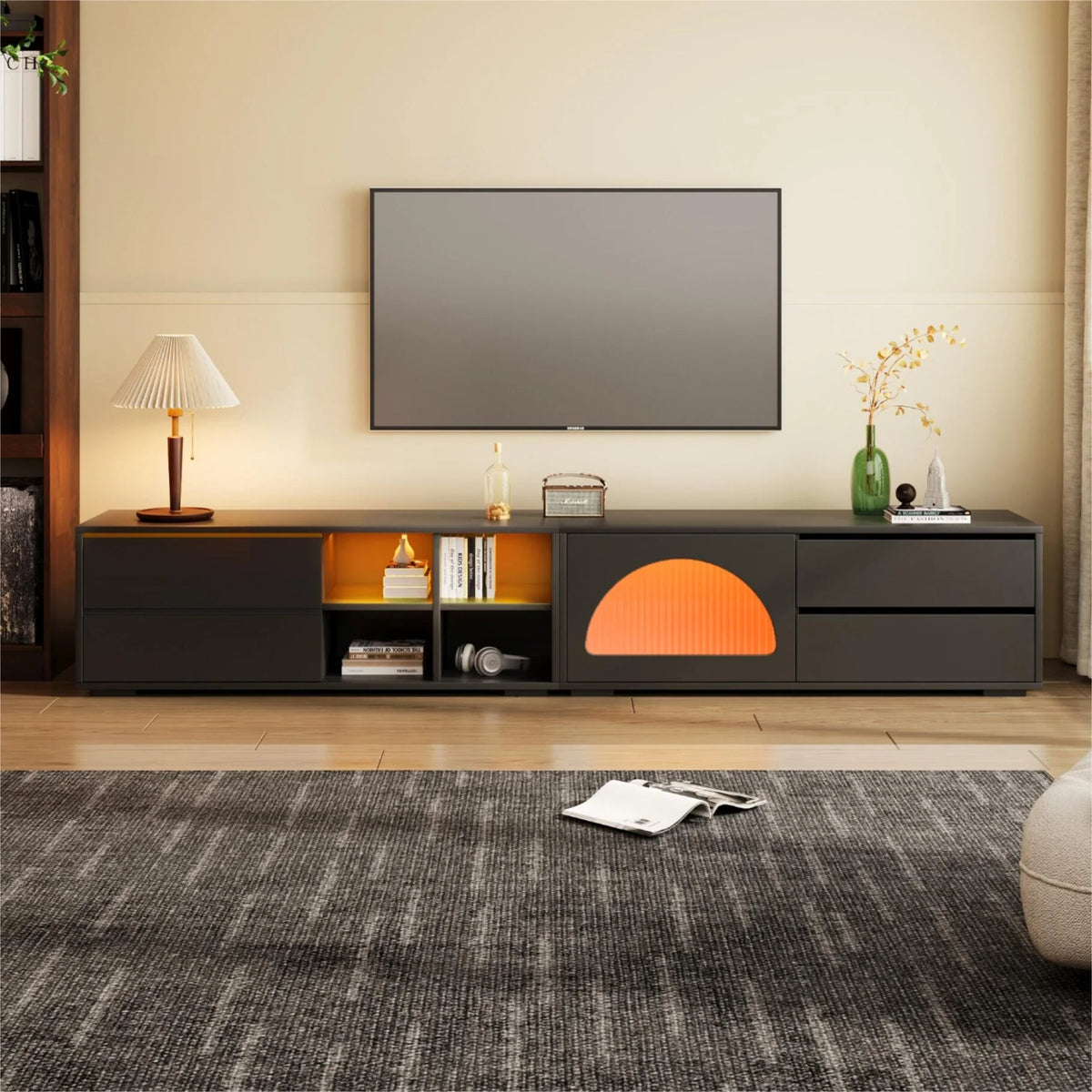 2-in-1 TV Stand for TVs up to 100", Entertainment Center with LED Light and 2 Drawers, Free-Combination TV Console Table with Sliding Door for Living Room, Black
