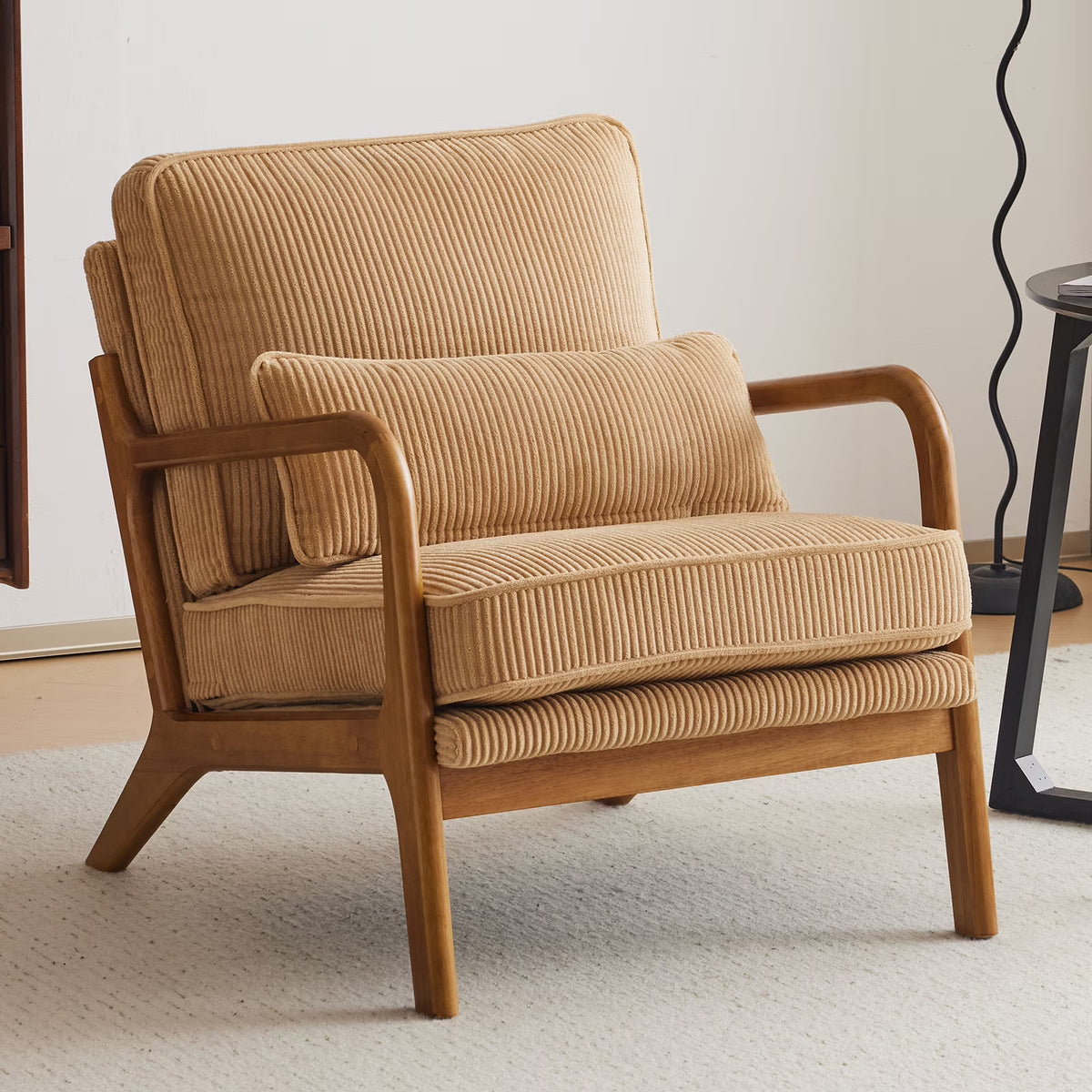 Ktaxon Accent Chair Corduroy Upholstered Armchair, Reading Club Chair with Pillow and Solid Wood Frame for Living Room Bedroom Furniture Off White